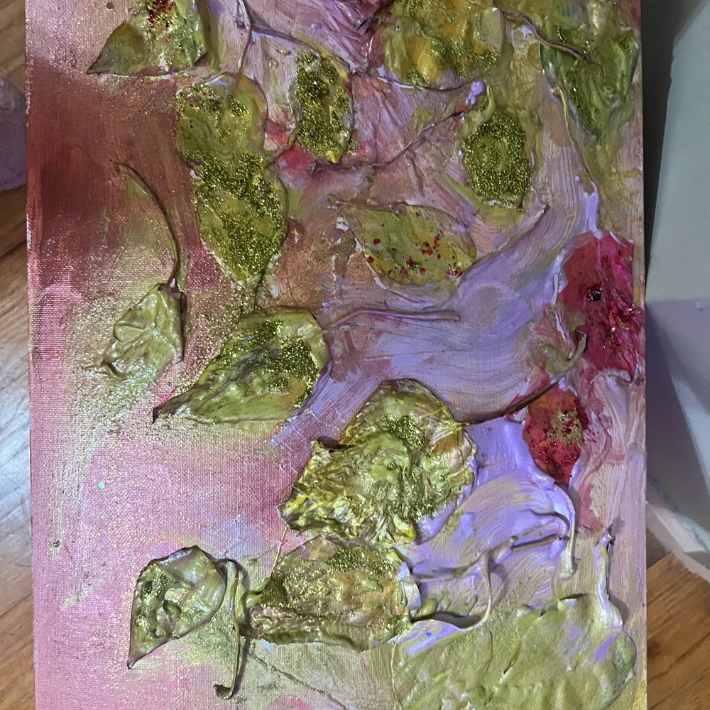 Vibrant Leaf Mixed Media Art in Pink and Green